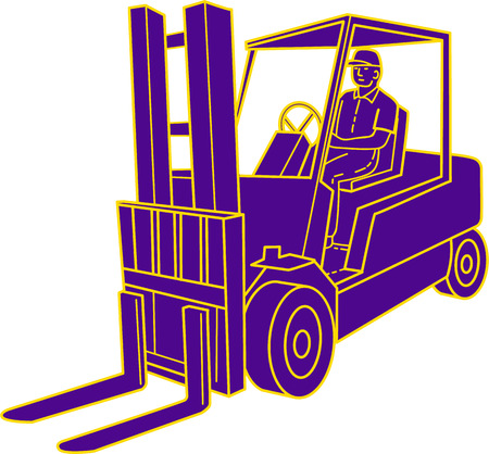 Illustration pour Mono line style illustration of a forklift truck with driver driving  viewed from the front set on isolated white background. - image libre de droit