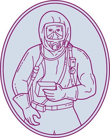 Mono line style illustration of a worker in a haz chem suit set inside oval shape on isolated background. Mono line style illustration of a worker in a haz chem suit set inside oval shape on isolated background.