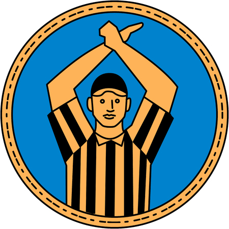 Mono line style illustration of an american football umpire doing a personal foul hand signal viewed from front set inside circle on isolated background.のイラスト素材