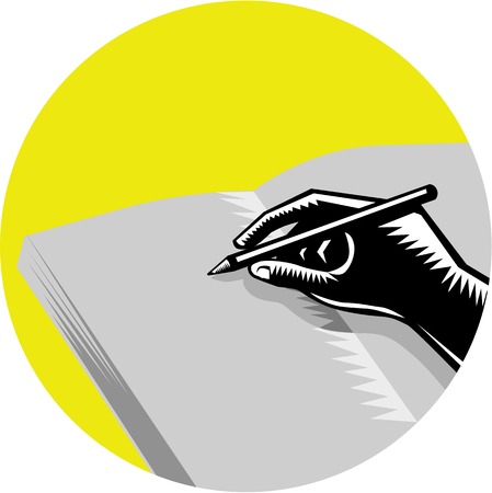 Illustration of a hand writing in journal set inside circle on isolated background done in retro woodcut style.のイラスト素材