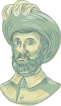 Drawing sketch style illustration of Juan Sebastian Elcano aka Juan Sebastian del Cano, a Spanish explorer of Basque origin who completed the first circumnavigation of the Earth viewed from front set on isolated white background.のイラスト素材