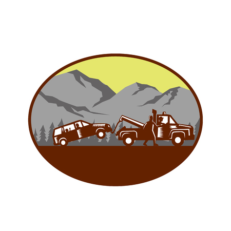 Illustration of a car being towed away, people in the car, child looking looking out the back window with man walking beside tow truck talking to driver set inside oval shape with mountain and trees in the background done in retro woodcut style.のイラスト素材