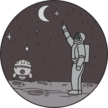 Mono line style illustration of an astronaut in outer space pointing up to the stars and moon with shuttle in the background set inside circle.のイラスト素材