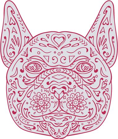 Mandala style illustration of a french bulldog head viewed from front set on isolated white background.のイラスト素材