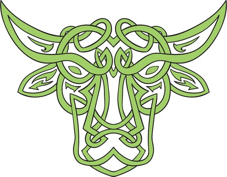 Illustration of stylized taurus the bull made in Celtic knot, called Icovellavna, plait work or knotwork woven into unbroken cord design set on isolated white background.のイラスト素材