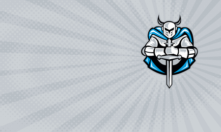 Business card showing Illustration of a knight with sword facing front done in retro woodcut style.の写真素材