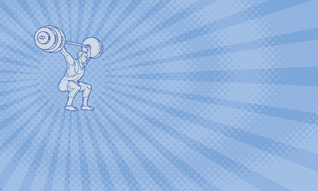 Business card showing Mono line style illustration of a weightlifter lifting barbell weights with both hands set .の写真素材