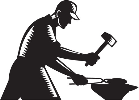 Black and white illustration of a blacksmith worker forging iron viewed from the side set on isolated white background done in retro woodcut style.のイラスト素材