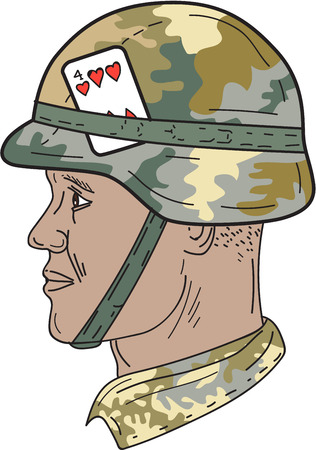 Drawing sketch style illustration of an African American soldier wearing Us Army Kevlar combat helmet with camouflage cloth coverのイラスト素材