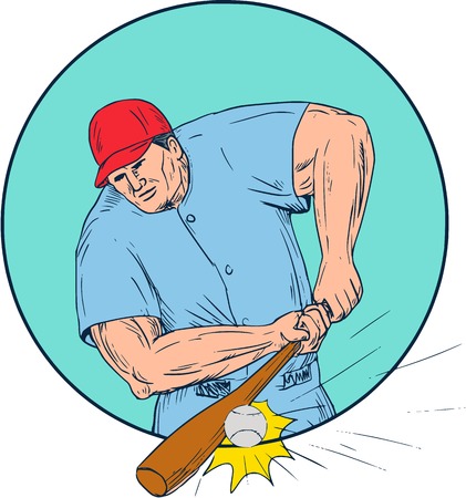 Drawing sketch style illustration of an american baseball player batter hitter hitting a homerun viewed from front set inside circle.のイラスト素材