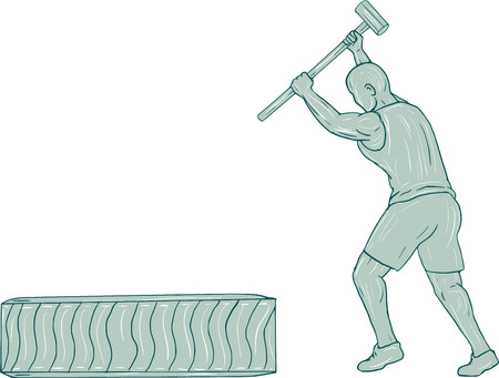 Drawing sketch style illustration of an athlete working out holding sledgehammer striking tire viewed from the side set on isolated white background.のイラスト素材
