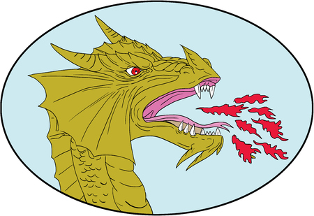Drawing sketch style illustration of a dragon head breathing fire viewed from the side set inside oval shape on isolated background.のイラスト素材