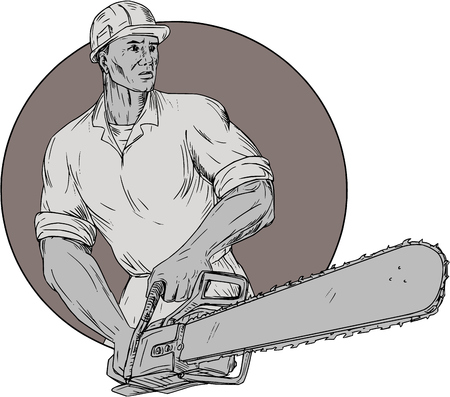 Drawing sketch style illustration of lumberjack arborist tree surgeon wearing helmet holding operating a chainsaw viewed from front set inside circle on isolated background.のイラスト素材
