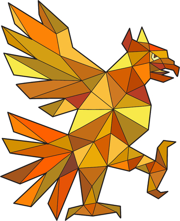 Low polygon style illustration of a glifo from the azteca's culture of a Cuauhtli showing an eagle in a fighting stance viewed from the side set on isolated white background.のイラスト素材