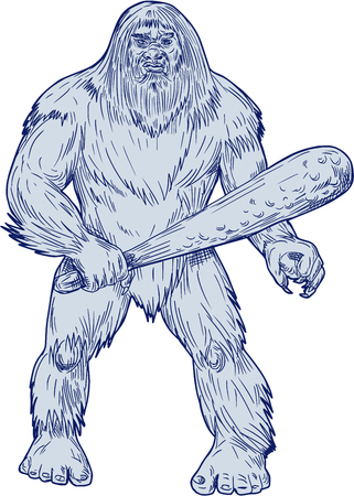 Drawing sketch style illustration of a Bigfoot or Sasquatch, a simian-like creature of American folklore that  inhabit forests, usually described as a large, hairy, bipedal humanoid standing holding club viewed from front set on isolated white background.のイラスト素材