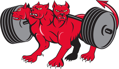 Illustration of cerberus, in Greek and Roman mythology, a multi-headed usually three-headed dog, or hellhound with a serpent's tail, a mane of snakes lion's claws powerlifting barbell done in cartoon style .のイラスト素材