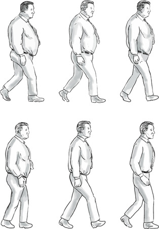 Collection set of illustration of an obese man morphing into a fit man viewed from the side set on isolated white background done in drawing sketch style.のイラスト素材