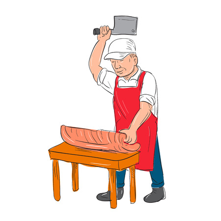 Illustration of a Butcher Cutting Meat on bench done in hand sketch drawing Cartoon style.のイラスト素材