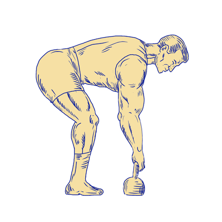 Illustration of a superhero lifting kettle bell side view done in hand sketch Drawing style.のイラスト素材