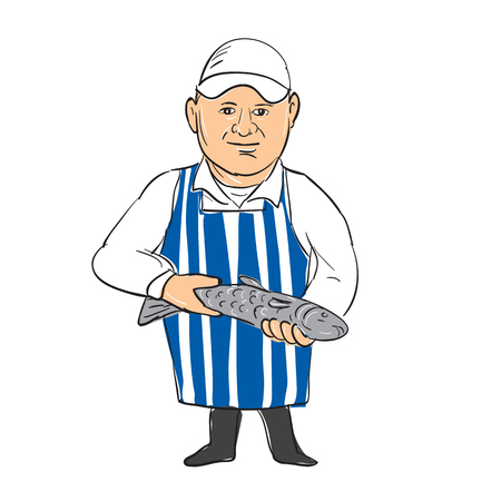 Illustration of a Fishmonger Selling holding presenting Fish done in hand sketch drawing Cartoon style.のイラスト素材