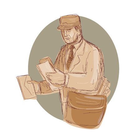 Illustration of a vintage postman delivering mail letter done in hand sketch drawing style.のイラスト素材