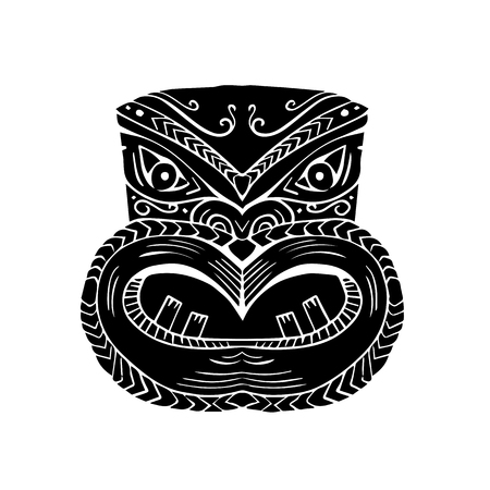 Illustration of a New Zealand Maori Koruru Tiki mask done in Woodcut style.のイラスト素材
