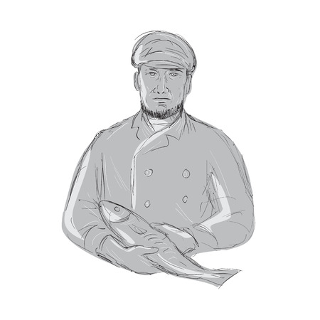 Illustration of a vintage fishmonger wearing cap holding fish front view done in hand sketch drawing style.のイラスト素材