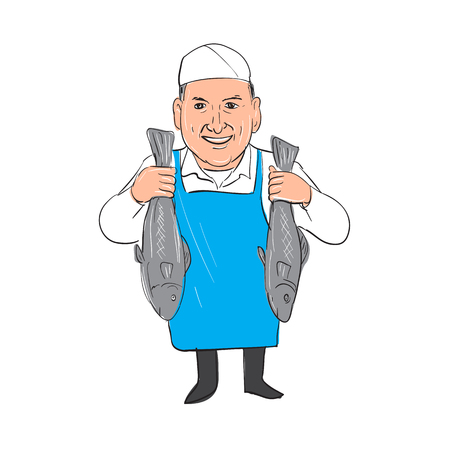 Illustration of a Fishmonger smiling Holding Selling Fish front view done in hand sketch drawing Cartoon style.のイラスト素材