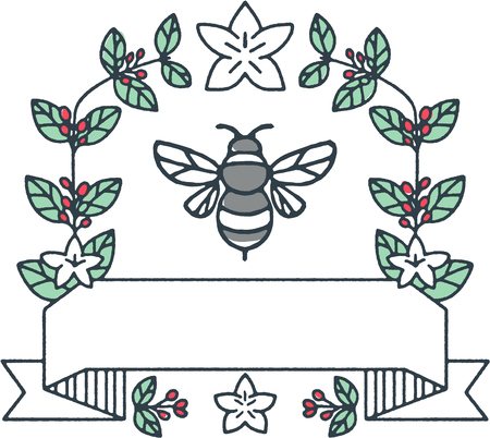 Mono line style illustration of a bumblebee or bumble bee, a member of the genus Bombus, part of Apidae surrounded with coffee leaves and cherries flower set on isolated white background.のイラスト素材