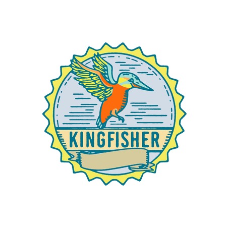 Illustration of a Kingfisher flying viewed from Side with scroll set inside Rosette shape and word text "Kingfisher" done in Retro style.のイラスト素材