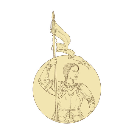 Drawing sketch style illustration of female knight joan of arc holding flag set inside circle on isolated background.のイラスト素材