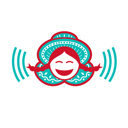 Retro icon style illustration of a south american peruvian girl wearing hat smiling with voice symbol on isolated background.のイラスト素材