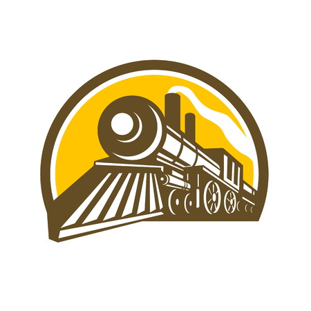 Icon style illustration of a Steam Locomotive railway Train viewed from a low angle set inside Circle on isolated background.