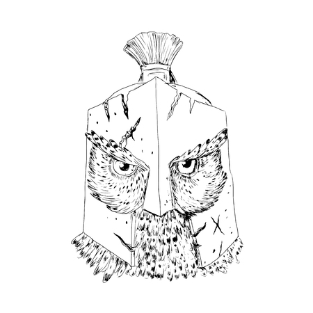 Drawing sketch style illustration of a Great Horned Owl wearing Spartan cracked battle-worn Helmet viewed from front done in black and white.のイラスト素材