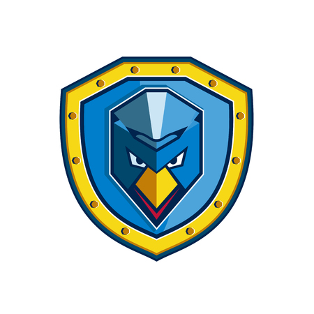 Icon style illustration of a Blue Chicken with Mohawk set inside crest Shield on isolated background.のイラスト素材