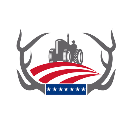 Retro style illustration of a whitetail deer Antler framing a Farm Tractor with American stars and stripes Flag on isolated background.のイラスト素材