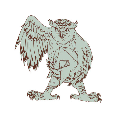 Drawing sketch style illustration of an angry Great Horned Owl Holding Spartan battle-worn Helmet viewed from front on isolated background.のイラスト素材