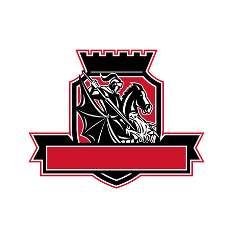 Retro style illustration of a valiant knight or St George Slaying Dragon with spear set inside crest shield Crest with crown on top on isolated background.のイラスト素材