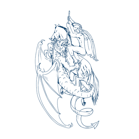 Drawing sketch style illustration of St. George riding horse steed about to Slay Dragon with spear on isolated background.のイラスト素材