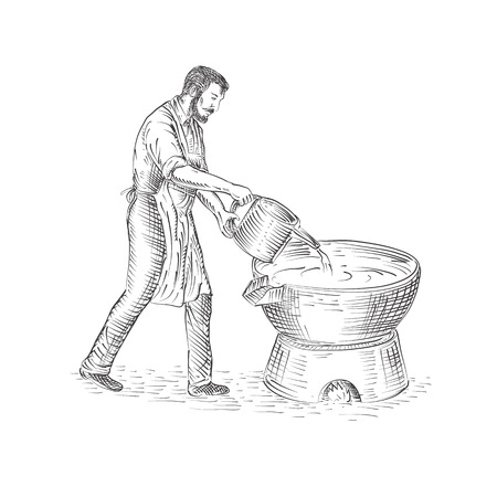 Drawing sketch style illustration of a 19th century. Vintage candle maker or chandler pouring candle wax, making candles on foundry.のイラスト素材