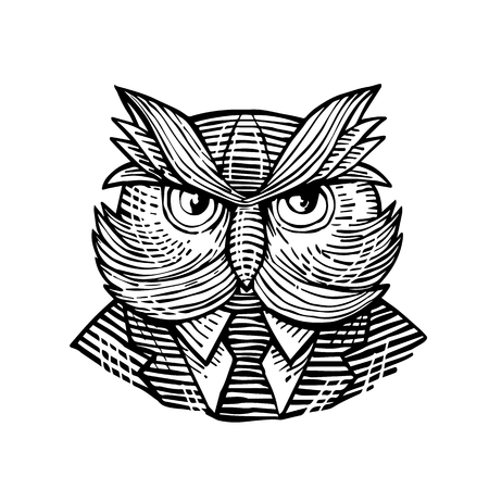 Retro woodcut style illustration of a hip or hipster wise owl with moustache wearing suit and tie viewed from front done in black and white.のイラスト素材