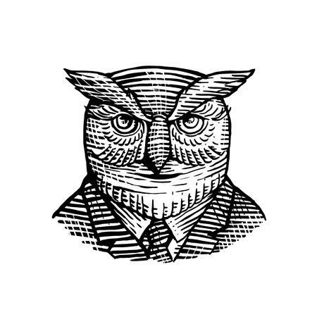 Retro woodcut style illustration of a hipster great horned wise owl wearing suit and tie viewed from front on isolated background in black and white.のイラスト素材