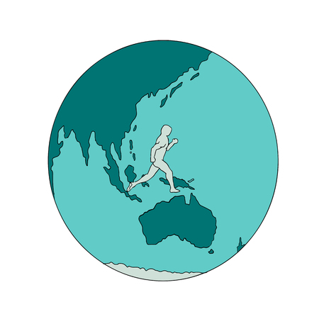 Drawing sketch style illustration of a marathon runner running around the world on isolated background.のイラスト素材