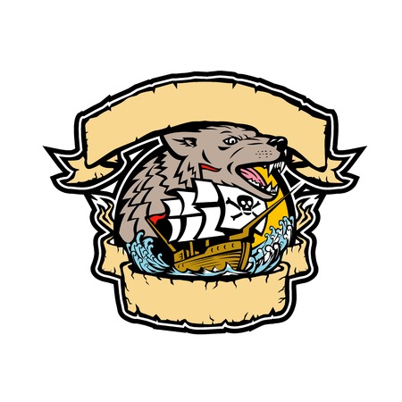Retro style illustration of an angry seawolf or wolf head with galleon pirate ship below it framed from ribbon and banner on isolated background in full color.のイラスト素材