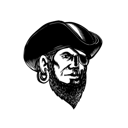 Scratchboard style illustration of a pirate wearing eye patch and tricorne hat done on scraperboard on isolated background.のイラスト素材