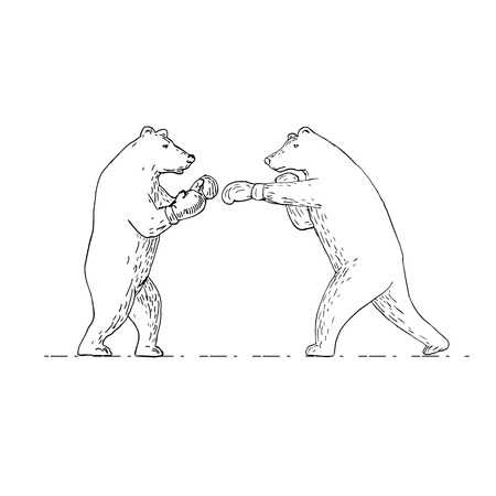Drawing sketch style illustration of two grizzly bear boxer boxing punching viewed from side on isolated background in black and white.のイラスト素材