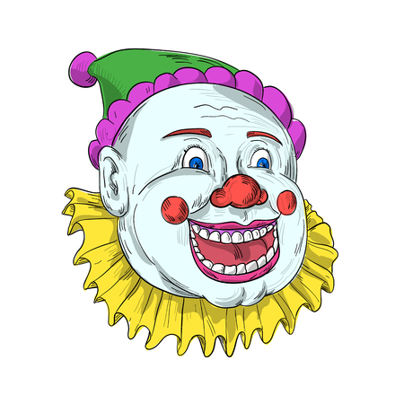 Drawing sketch style illustration of head of vintage circus clown performer laughing, smiling and looking snister on isolated background.のイラスト素材