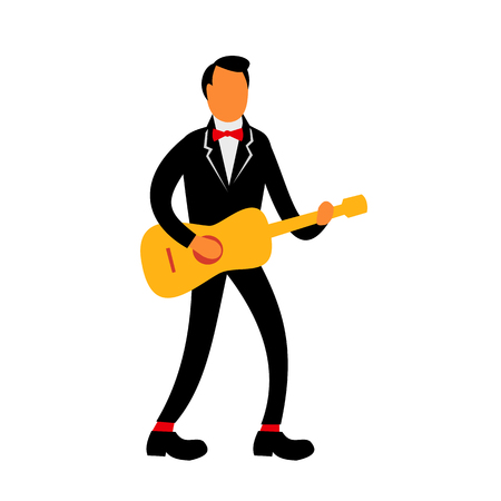 Retro style illustration of a guitarist in tuxedo suit playing the guitar on isolated background.のイラスト素材