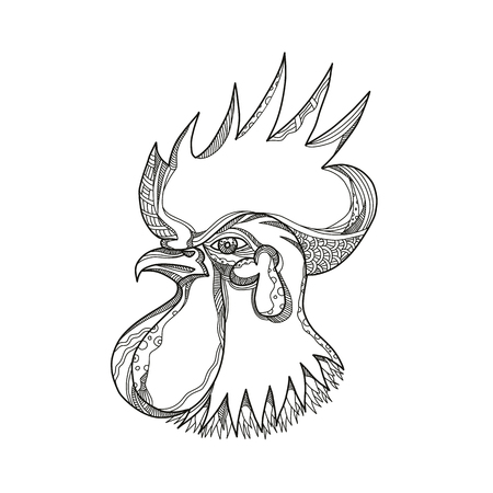 Doodle art illustration of head a junglefowl; ,ooster, cockerel or male chicken, a male gallinaceous bird viewed from side done in black and white mandala style.のイラスト素材
