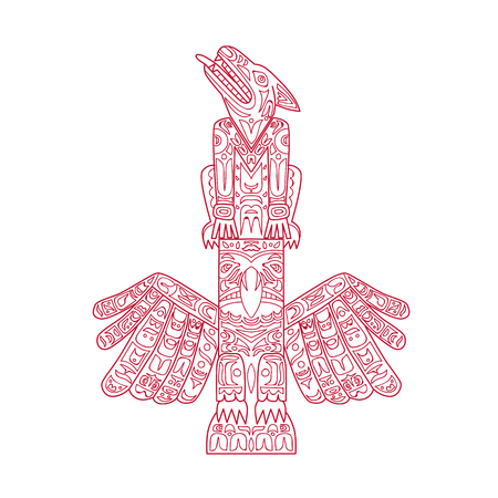 Doodle art illustration of a wolf and eagle totem pole, a type of Northwest Coast art, consisting of poles, posts or pillars, with symbols or figures on top of each other done in mandala style.のイラスト素材